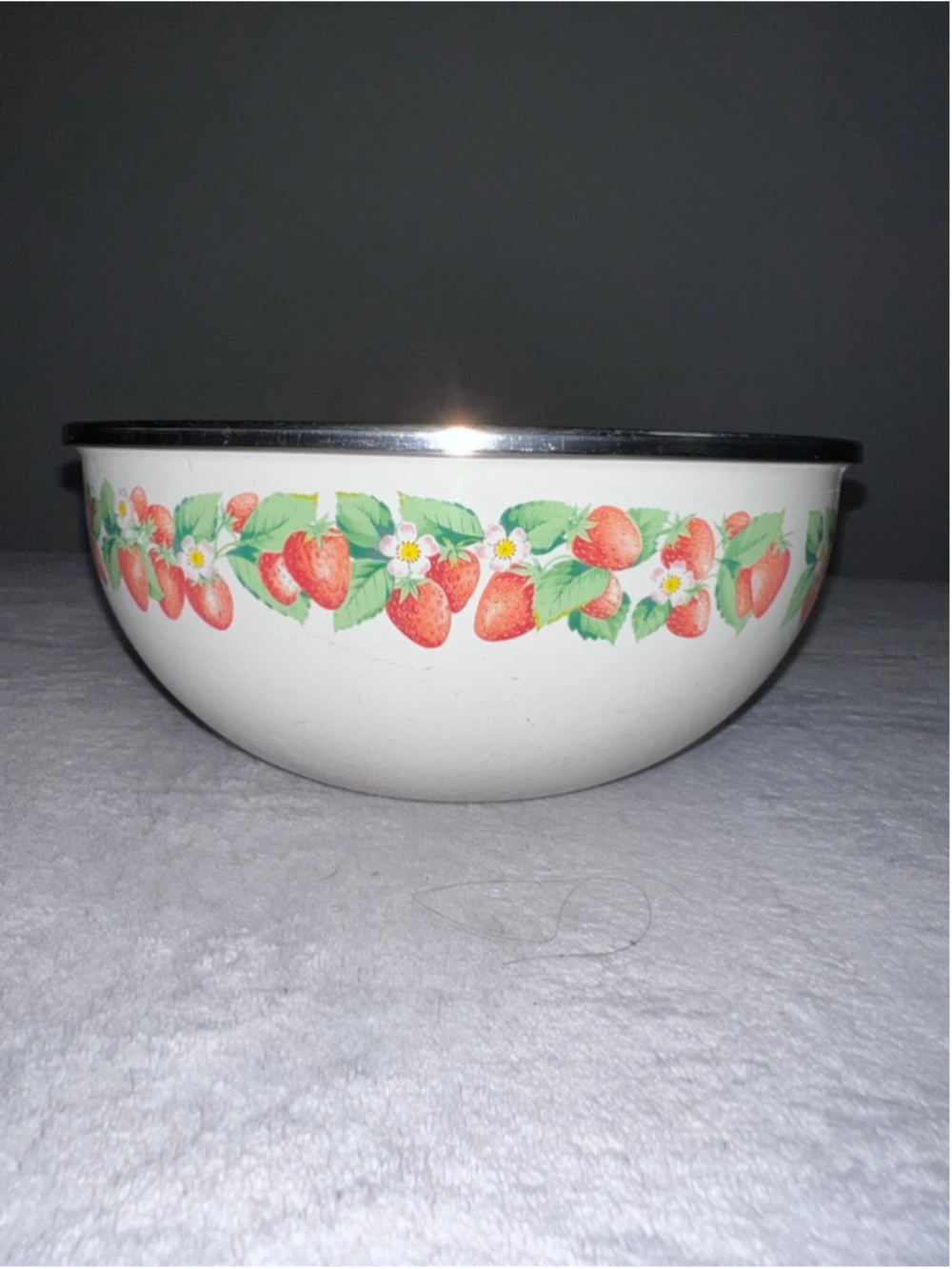VTG White Red Strawberry Enamel Mixing Bowl One Size